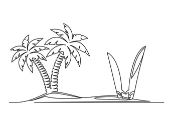 Wall Mural - Continuous one line drawing of an island with palm trees and surfboards. Travel concept. Island with palm trees and surfboards isolated on a white background. Vector illustration