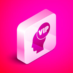 Wall Mural - Isometric Vip inside human head icon isolated on pink background. Silver square button. Vector