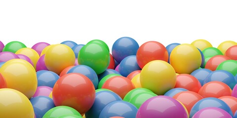 Ball pool or pit filled with red, green, yellow, pink and blue plastic balls, abstract texture border background