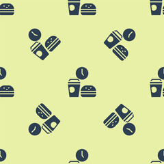 Poster - Blue Fast food time icon isolated seamless pattern on yellow background. Vector