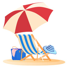 Travel And Vacation Concept. Beach Umbrella And Chair. Relaxing On The Beach. Vector Illustration