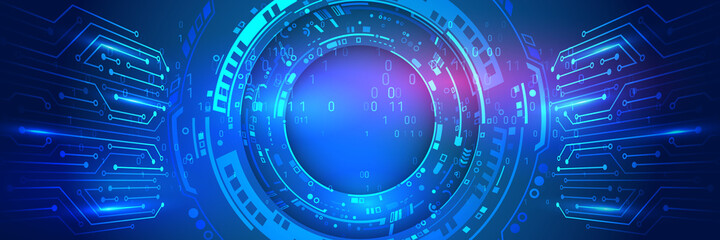 Hi-tech vector illustration with various technology elements. Wide Cyber security internet and networking concept. Abstract global sci fi concept. Digital internet communication on blue background