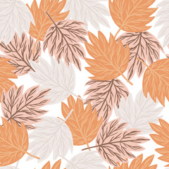 Wall Mural - Seamless pattern autumn leaves on white background. Template maple leaf in scandinavian style.