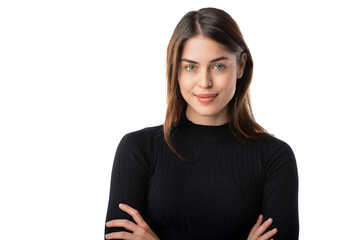 Studio portrait of beautiful woman with brown hair looking at camera and smiling