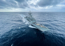 Military Us Navy Ship Sailing In The Ocean During Nato Operation