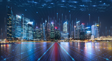 smart city dot point connect with gradient grid line, connection technology metaverse concept. night