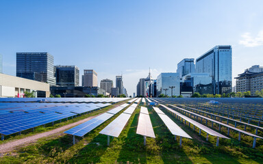 Wall Mural - City and photovoltaic panel combined with landscape