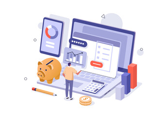 Character Analyzing Charts, Graphs, Planning Business Strategy and Managing Data and Finance on Laptop and Smartphone. Business Intelligence and Analysis Concept. Flat Isometric Vector Illustration.
