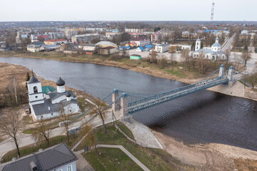 Unique chain bridge in the town of Ostrov, Pskov region. Tourist center of regional Russia.