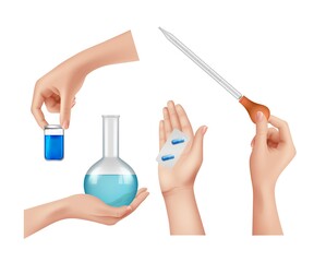 Sticker - Medications. Pharmaceutical elements, vaccine and pills. Isolated hand holding chemical and medicine tools vector set