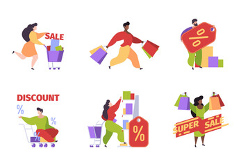 Sticker - Customers in market. Shopping people with bags and packages mall persons e commerce garish vector customers flat illustrations