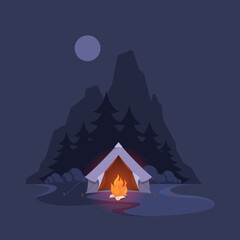 Sticker - Night camp tent. Dark landscape with mountain trees and shelter adventure for happy travellers garish vector illustrations background