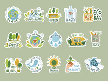 Ecology Stickers. Save Green Earth Planet Clean Environment Eco Labels Recent Vector Badges Colored Illustrations Isolated