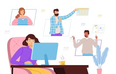 Wall Mural - remote teamwork. cooperation, video call and conference. people working together from home vector co