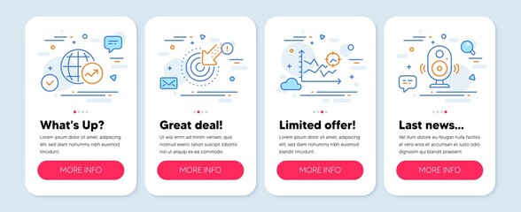 Wall Mural - Set of Science icons, such as Seo analysis, Targeting, World statistics symbols. Mobile screen app banners. Speaker line icons. Targeting chart, Click, Global report. Music sound. Vector