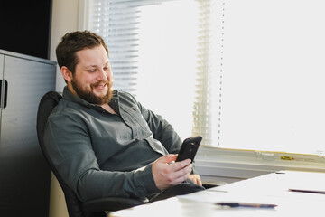 Wall Mural - Successful smiling businessman sitting and using smartphone in office.