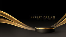 Minimal Black Scene With Golden Lines. Cylindrical Gold And Black Podium On A Black Background. 3D Stage For Displaying A Cosmetic Product