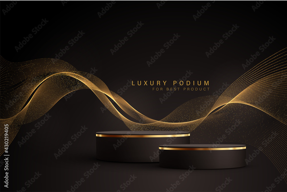 Minimal black scene with golden lines. Cylindrical gold and black podium on a black background. 3D stage for displaying a cosmetic product - obrazy, fototapety, plakaty 