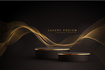 minimal black scene with golden lines. cylindrical gold and black podium on a black background. 3d s