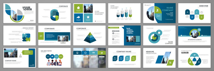 Business presentation infographic template set. Keynote presentation background, slide templates, website ideas, brochure cover design, landing page, annual report brochure. Vector Illustration