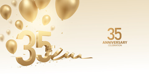 Wall Mural - 35th Anniversary celebration background. 3D Golden numbers with bent ribbon, confetti and balloons.