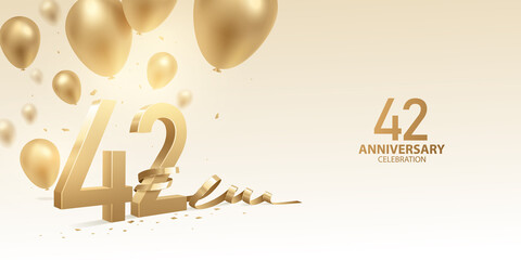 42nd Anniversary celebration background. 3D Golden numbers with bent ribbon, confetti and balloons.
