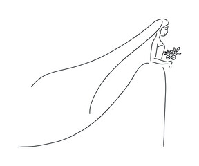 Beautiful woman in wedding dress. Cute vector line art