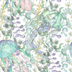 Undersea nautical  watercolor print decorative sea life vintage style seamless pattern 