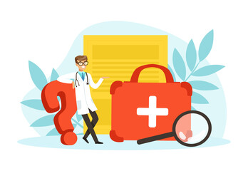 Sticker - Tiny Doctor and Huge First Aid Kit, Doctor Examining and Treating Patient Vector Illustration