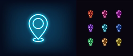 Sticker - Neon map pin icon. Glowing neon marker sign, outline pointer pictogram