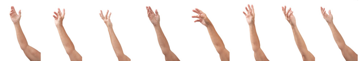 eight different views of a lady's hand and arm throwing, catching, waving, etc. isolated on white fo