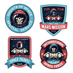 Wall Mural - space badge set with astronaut. spaceship pilot and alien vintage logo. vector illustration.