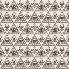 Wall Mural - Geometric seamless pattern with signs of an all-seeing eye and fleur de lys on a light backdrop. Vector background in retro style with a third eye inside a triangular pyramid in beige and brown colors