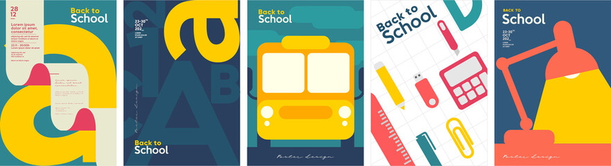 Canvas Print - school backgrounds. school bus, desk lamp, letters, stationery. set of flat, vector illustrations. b