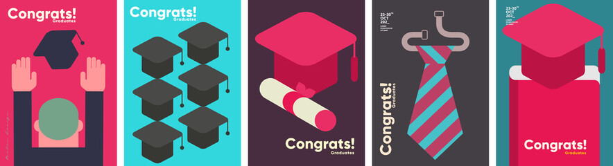 Graduate caps. Vector flat illustration. Congratulation graduates 2021 class of graduations.