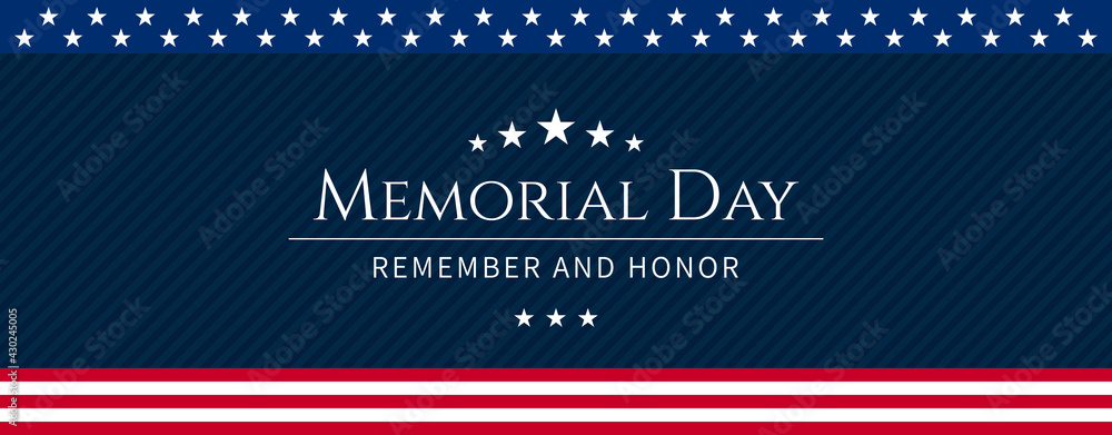 Vector of US Memorial Day celebration background banner or greeting card, with text and USA flag elements. - obrazy, fototapety, plakaty 