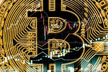 Bitcoins and New Virtual money concept.Gold bitcoins with Candle stick graph chart and digital background.Golden coin with icon letter B.Mining or blockchain technology

