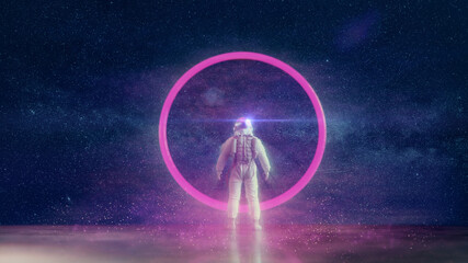 Sticker - SPACE TRAVELER - ASTRONAUT | Neon Glowing Synthwave / Retro Banner [3D Render Illustration] + Sternenhimmel-Hintergrund - 8K