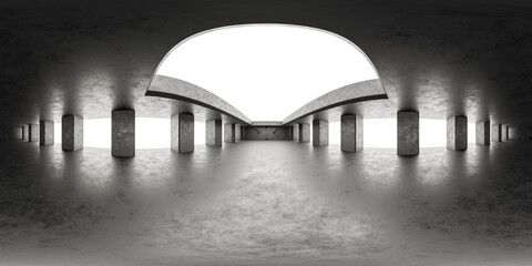Wall Mural - full 360 degree panorama view of industrial hall building with open ceiling and dark concrete surface 3d render illustration