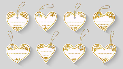 Wall Mural - Price label luxury craft set. Shopping white gold floral pattern empty sale tag, coupon, badge design template. Various heart shape discount tickets. Valentines romantic retro card text frame