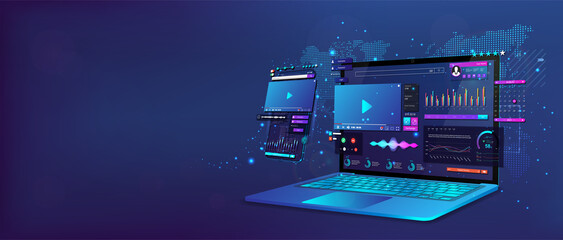 Wall Mural - laptop and smartphone with open dashboard. online remote work concept. work at home. online conferen