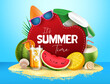 Summer time vector banner design. It's summer text in island with tropical fruit like watermelon, orange and coconut juice element for summer season background. Vector illustration
