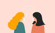 Illustration of two young women talking wearing a medical face mask. Vector
