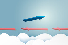 Business Concept.Blue Arrow Leader Flying On Blue Sky Of Business Teamwork And One Different Vision From Red Arrows.