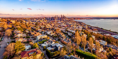 Canvas Print - Skyline at sunset from drone