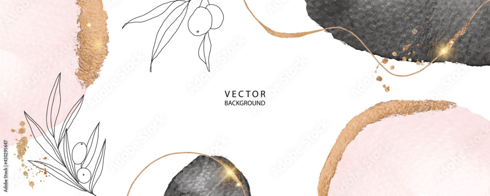 minimal background in black and pink flowers water color texture with golden metallic and tropical summer leaf - obrazy, fototapety, plakaty 