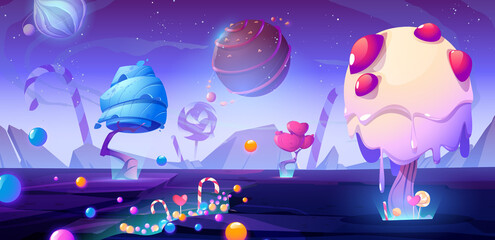 Candy planet cartoon poster with fantasy alien trees and sweets. Magic unusual nature landscape for computer game, fairy tale cosmic background with beautiful strange plants, vector web banner