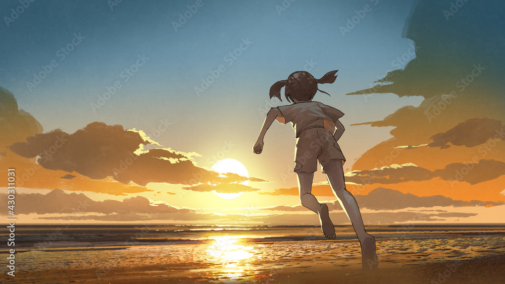 girl running barefoot to the beach at sunrise, digital art style ...
