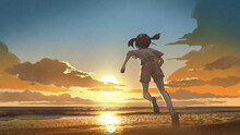 Girl Running Barefoot To The Beach At Sunrise, Digital Art Style, Illustration Painting