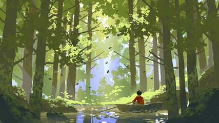 boy rowing a boat in a river through the forest, digital art style, illustration painting